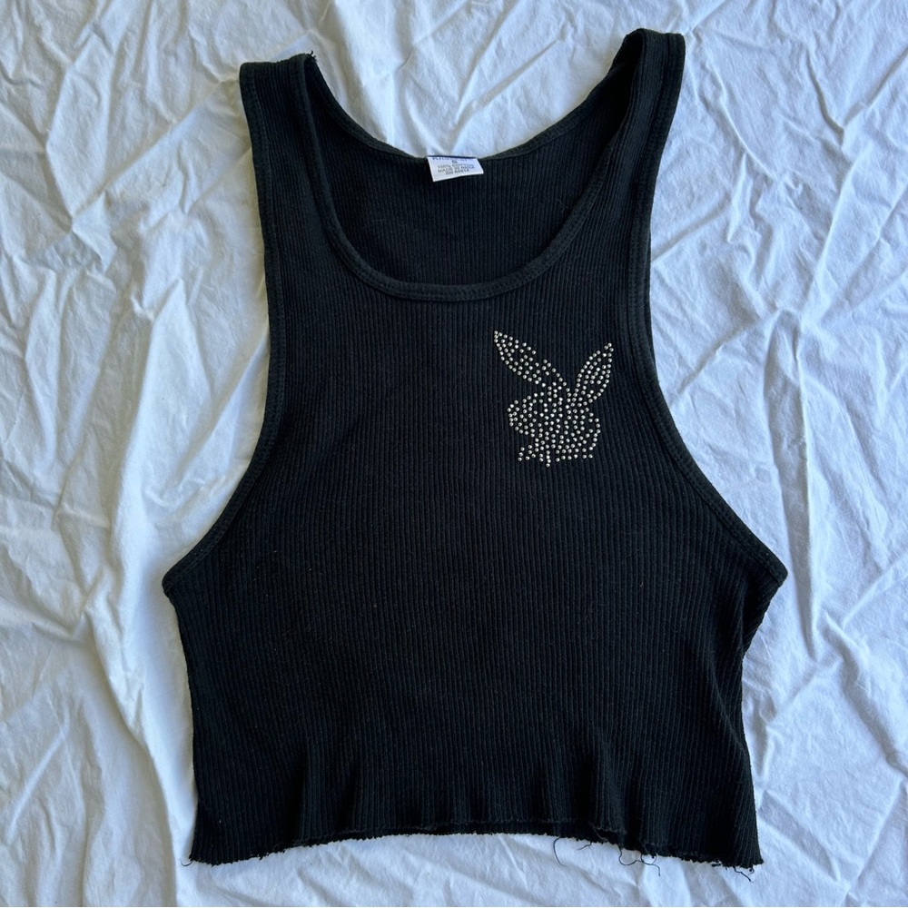 Bedazzeled Playboy Bunny Crop Top, Y2K Ribbed Tank Top Streetwear Grunge